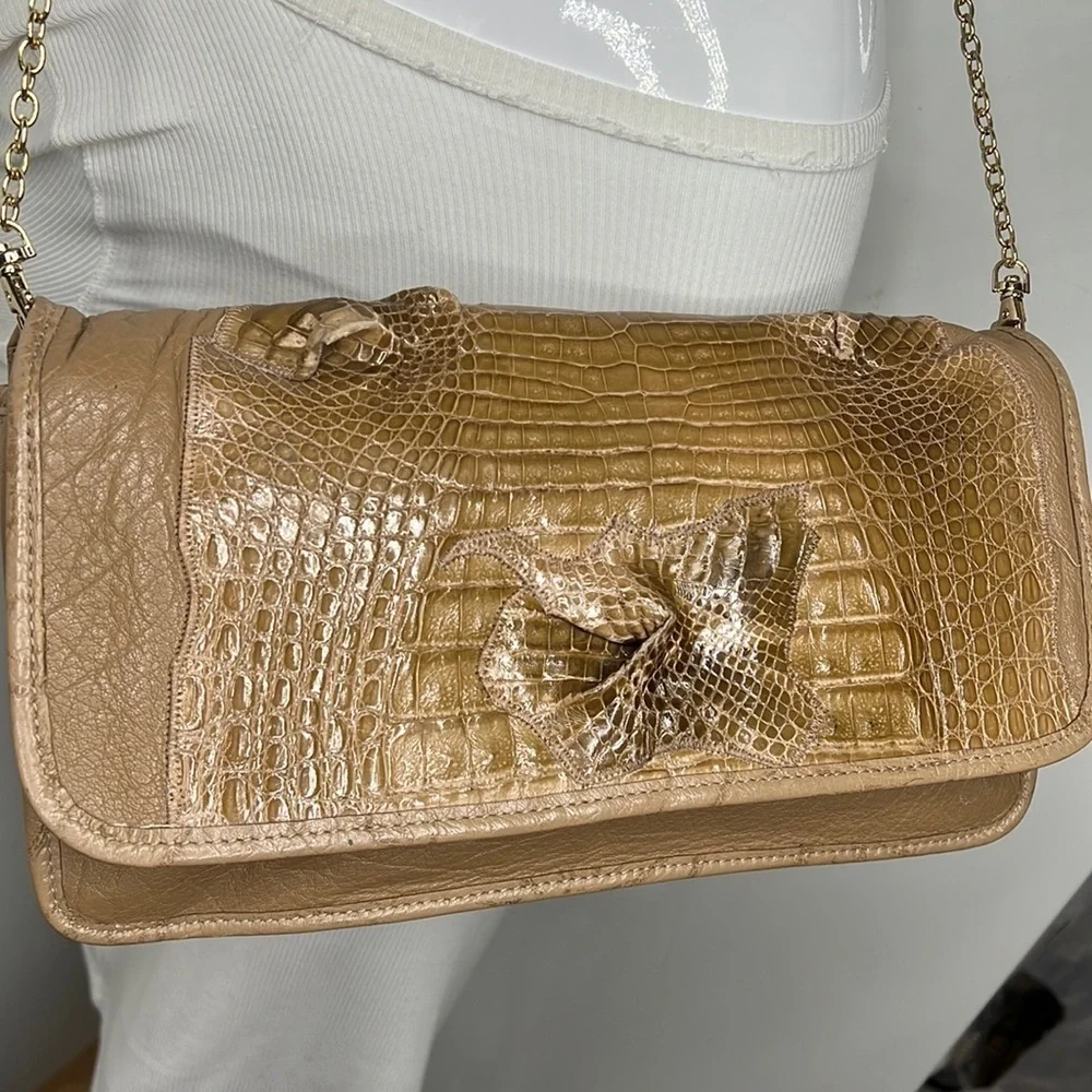 Carlos Falchi Exotic Crocodile Alligator and Leather Snap Envelope Clutch Bag